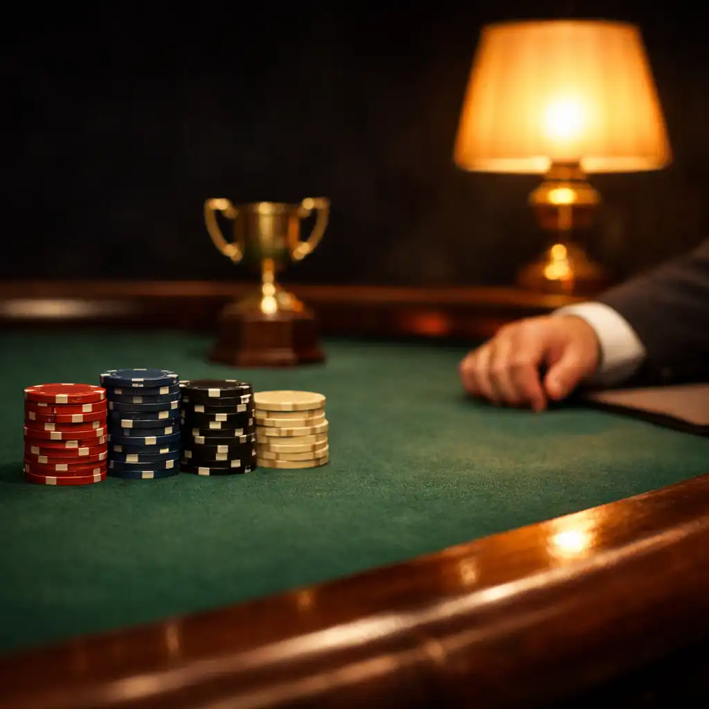 Zöld posztóval borított fizikai Card Lounge asztal emlékzsetonokkal