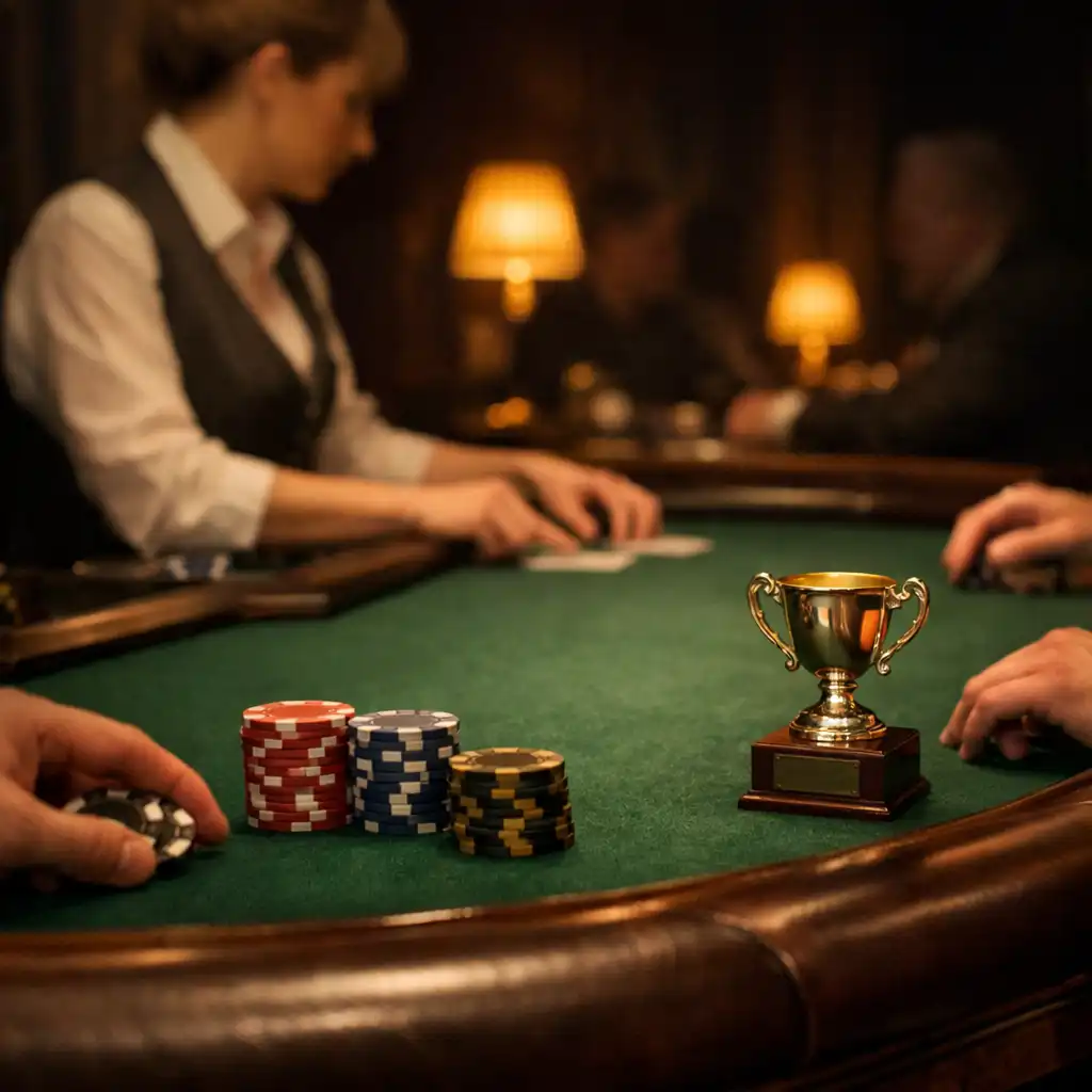 Zöld filcasztal és élő osztó az Etelter fizikai Card Lounge terében